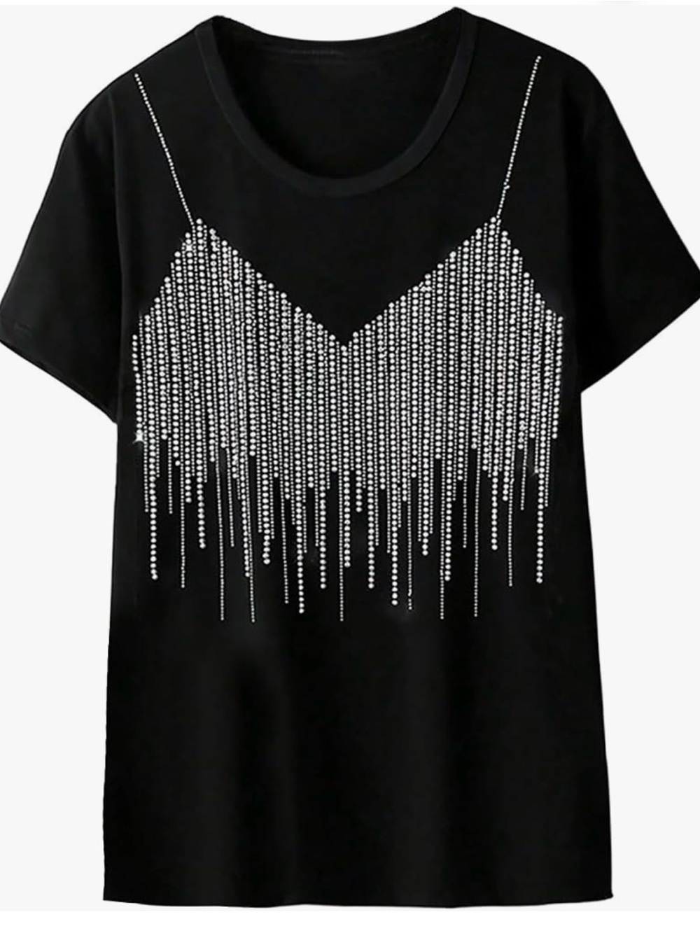 NEW Black Short Sleeve Bejeweled Tee with Silver Rhinestone Fringe Detail